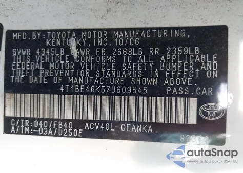 2007 Toyota Camry Le из США, поврежденный, VIN 4T1BE46K57U609545